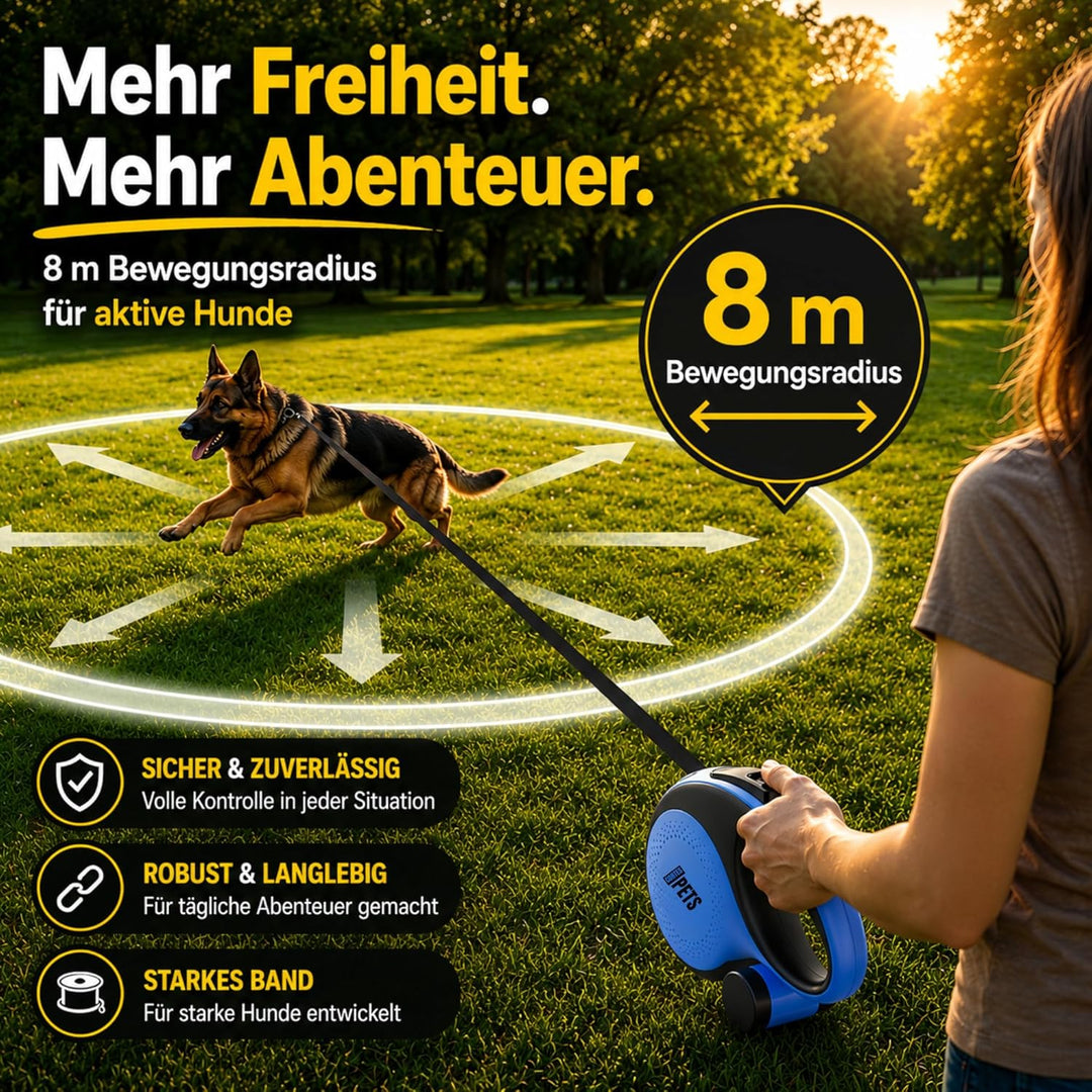 Rollleine Hundeleine 8m für grosse Hunde bis 50 kg - Ausziehbare Hundeleine 8 m mit Kotbeutel - Retr