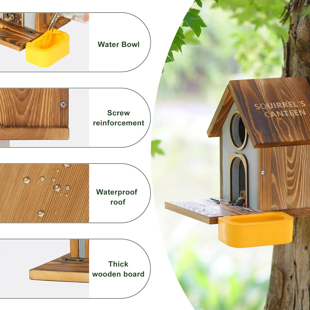 MIXXIDEA Eichhörnchen-Futterstation aus Holz mit Wasserschale, grosse Kapazität, Eichhörnchen-Futter