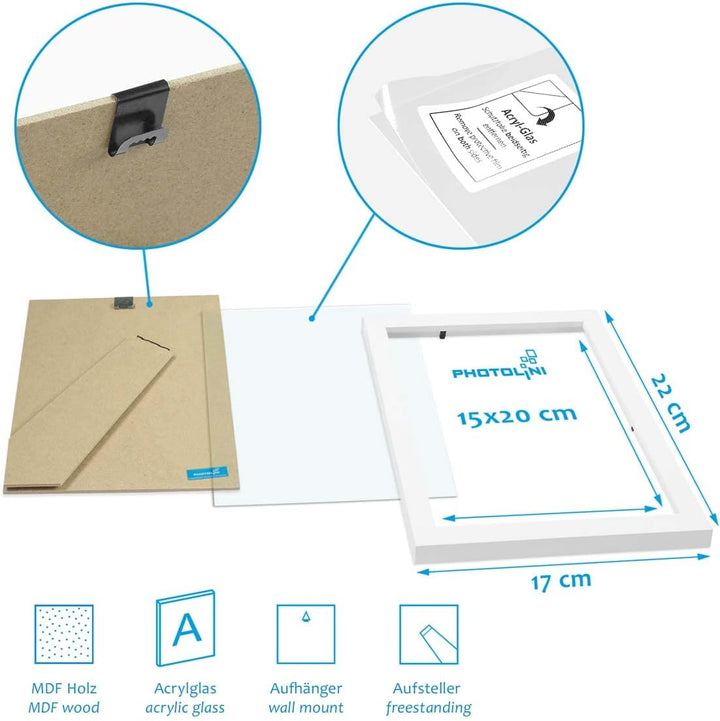 PHOTOLINI Bilderrahmen 15x20 Weiss Holz MDF, 3er Set Bilderrahmen 20x15, Picture Frame mit Acrylglas