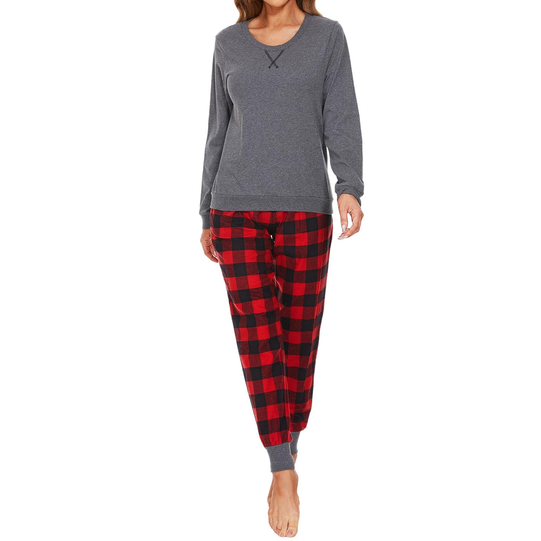 Mnemo Schlafanzug Damen 100% Baumwolle Bequemer Pyjama Damen Baumwolle mit Karomuster XL Rotes und S