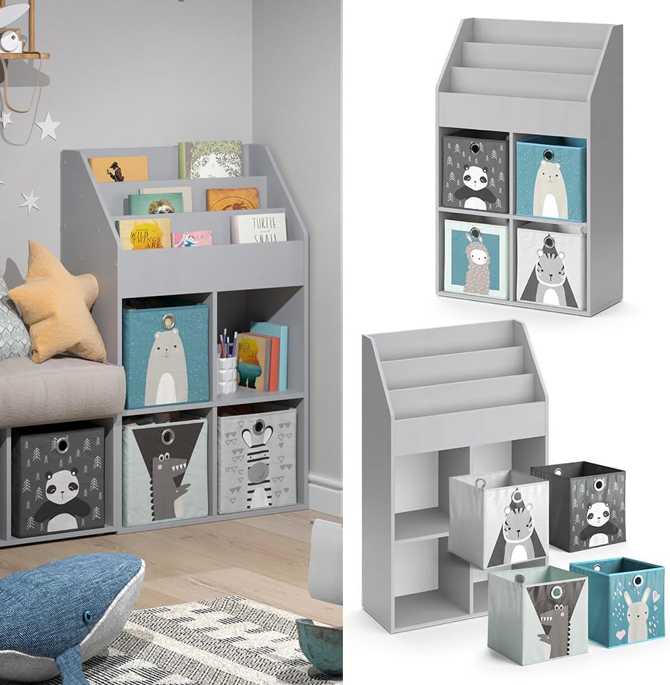 Vicco Kinderregal Grau Luigi mit 4 Faltboxen - 72x114x31 cm aus Spanplatte - Bücherregal ideal fürs