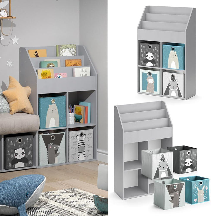 Vicco Kinderregal Grau Luigi mit 4 Faltboxen - 72x114x31 cm aus Spanplatte - Bücherregal ideal fürs
