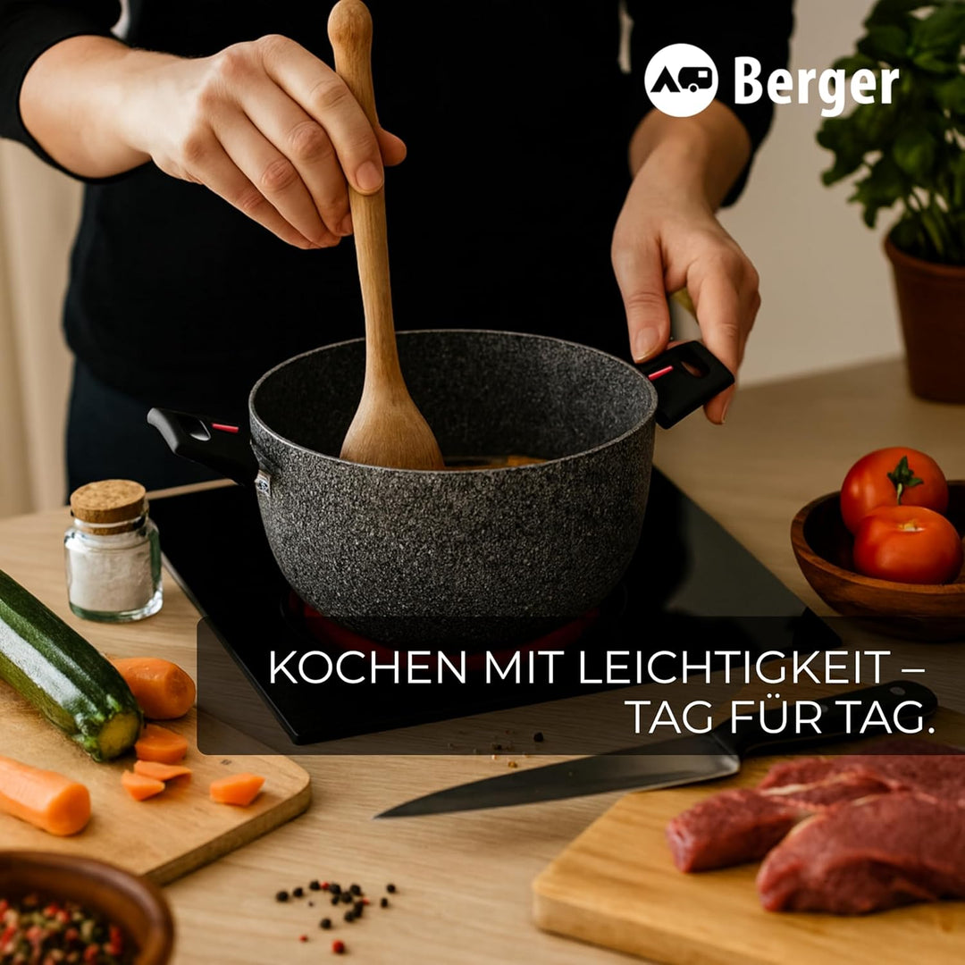 BERGER Kochtopf 20 cm mit Glasdeckel | Induktionsgeeigneter Suppen- &amp; Nudeltopf für Camping &amp; Küche