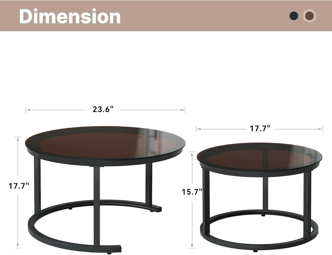 Hawthyhome 2 Stücke Beistelltisch Set rund, Moderne Kaffeetische, Couchtisch aus Glas mit Metallrahm