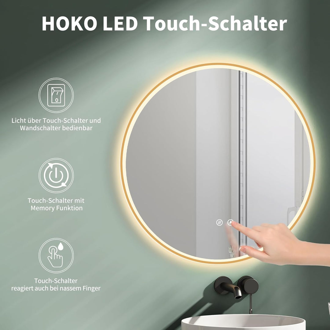 HOKO LED Badspiegel Beschlagfrei rund 80 cm Stockholm mit Metall Rahmen Gold. Runder Wandspiegel Ene