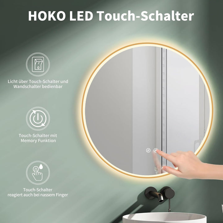 HOKO LED Badspiegel Beschlagfrei rund 80 cm Stockholm mit Metall Rahmen Gold. Runder Wandspiegel Ene
