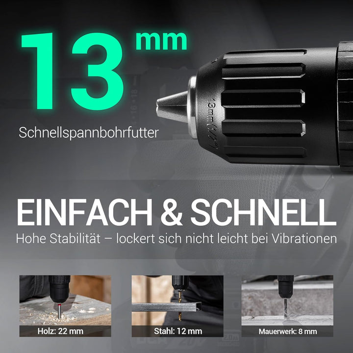DCA 20V Akku-Schlagbohrmaschine Set, 40 Nm, 13 mm Schnellspannbohrfutter, 22500 Schläge/Min, 2 Gesch