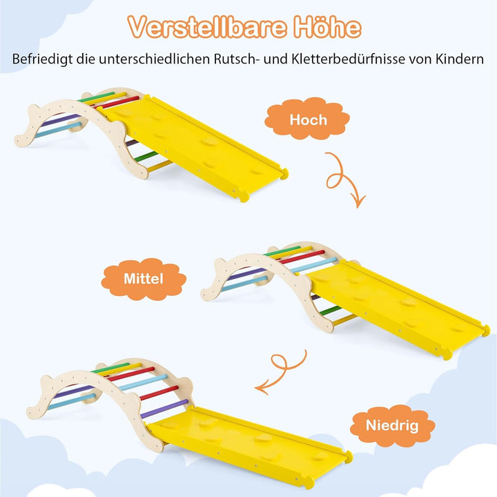 COSTWAY Kletterbogen mit Kissen, Kletterdreieck mit Rutsche Holz, 3 in 1 Klettergerüst Indoor zum Ru