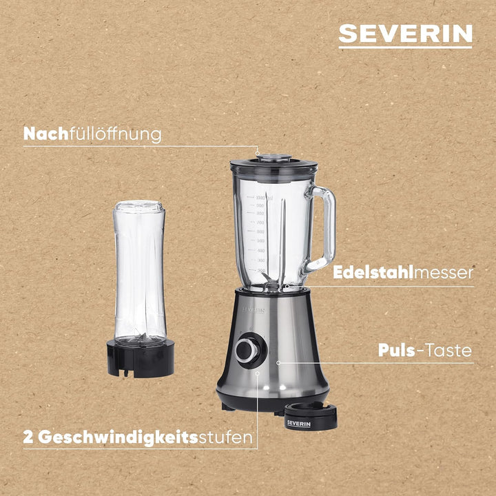 SEVERIN Multimixer, 2-in-1 Stand Mixer und Smoothie Maker mit 1 l Glas-Mixbehälter und Trinkbecher,