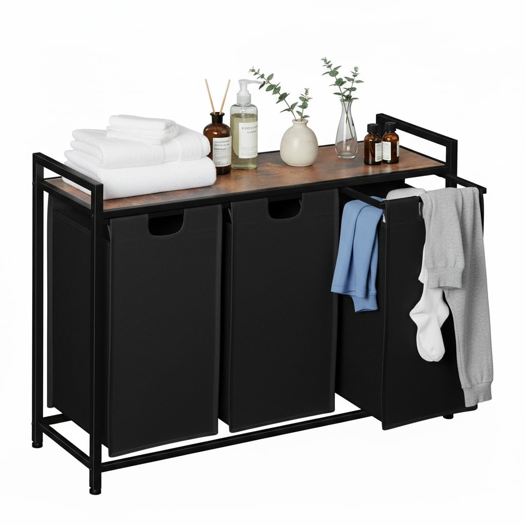 AMHANCIBLE Wäschekorb 3 Fächer 114L Braun, 114L Braun