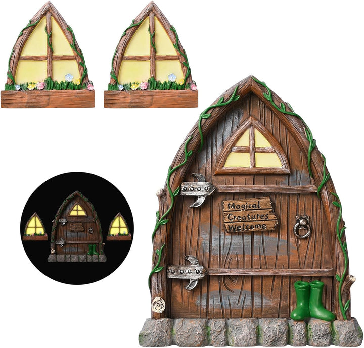 Pumwoy Feentür Wichteltür 1 Wichteltür + 2 Wichtelfenster, Wichteltür Gartendeko Leuchten im Dunkeln