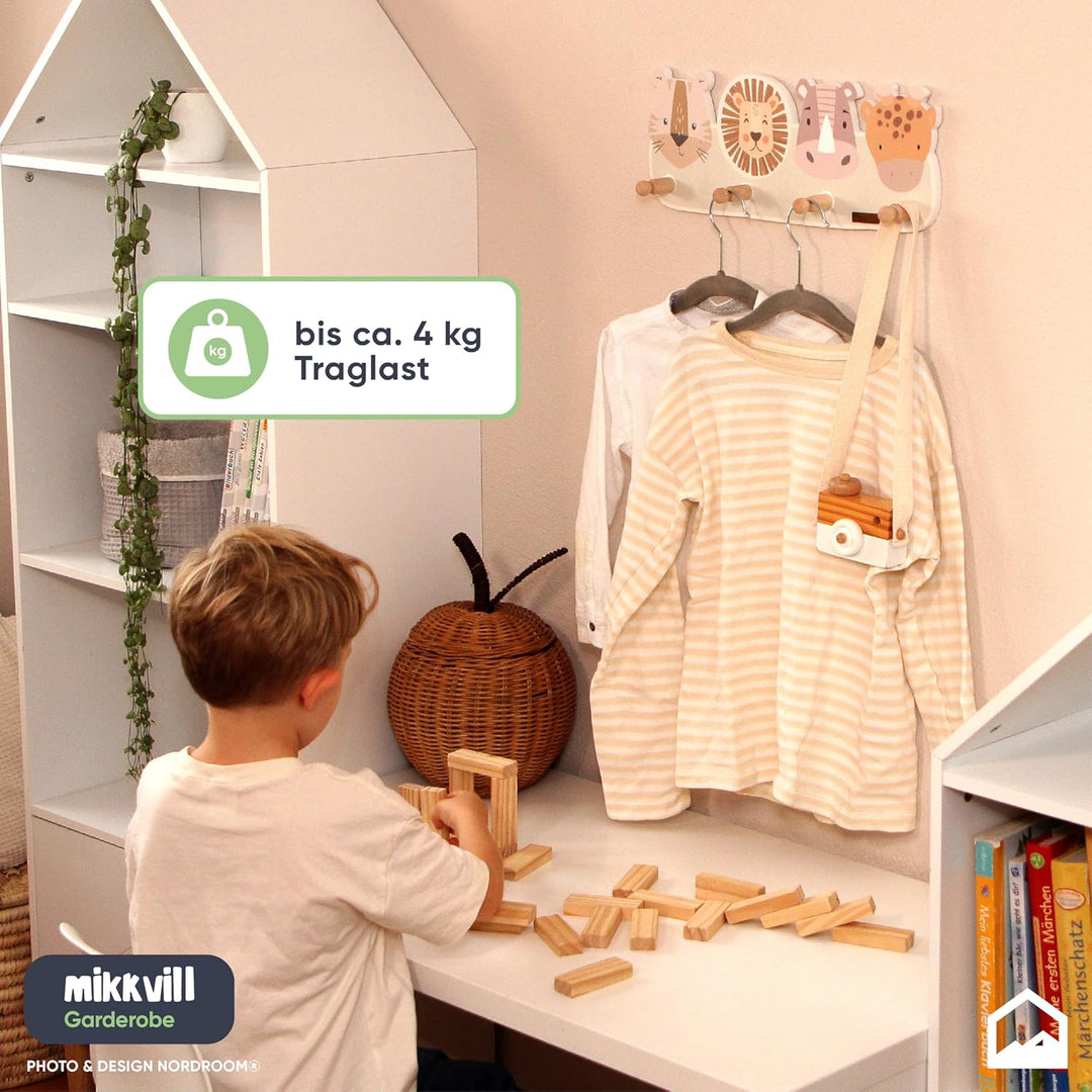 Kindergardroben mit 4 Haken - Wandgarderobe mit Tiermotiven für Kinderzimmer - Garderobenhaken aus H