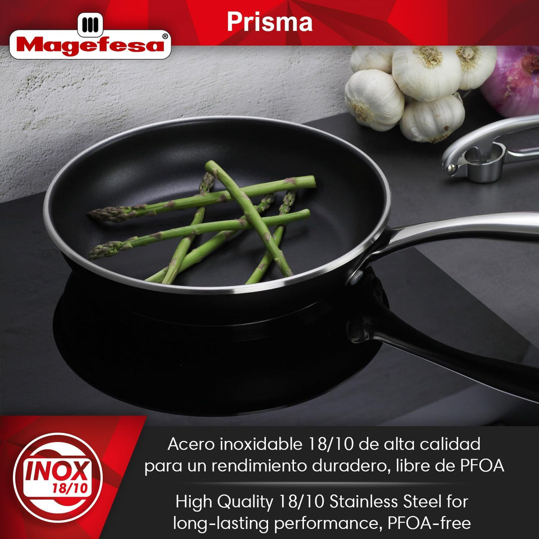 Magefesa Prisma – Pfannenset 24 + 28 cm + Frischhaltedose 24,5 cm, Edelstahl 18/10, Dreifach-Antihaf