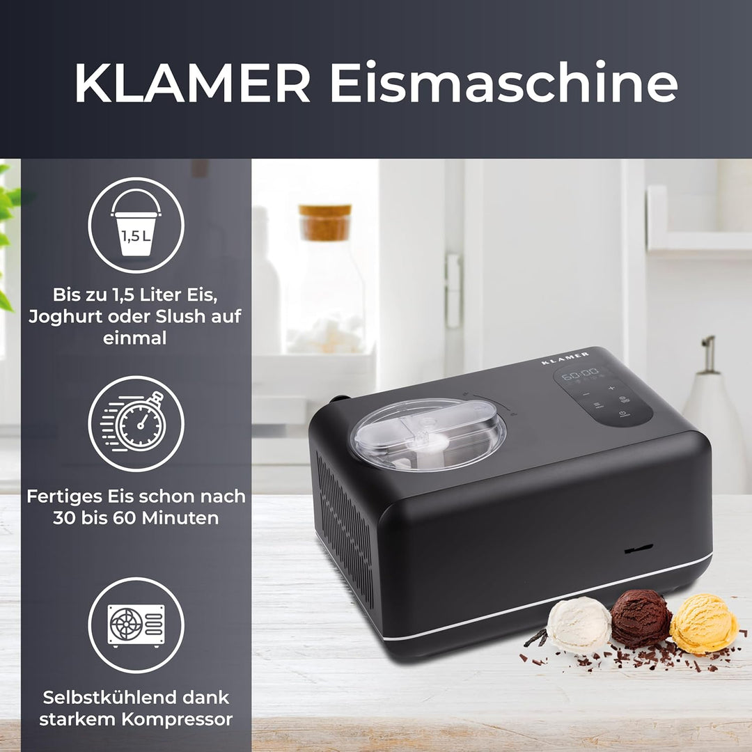 KLAMER 3-in-1 Eismaschine, Slush Maschine & Joghurtbereiter 1,5 L, 150 W Eiscrememaschine aus Edelst