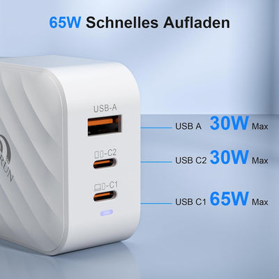 SOARUN USB C Ladegerät, 65W USB C Netzteil 3-Port Schnellladegerät mit PPS, PD 3.0 GaN USB Ladegerät