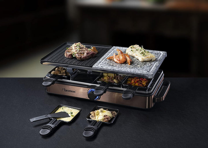Bestron 2-in-1 Raclette-Partygrill: elektrisches Raclette für bis zu 8 Personen, kratzfester Naturgr