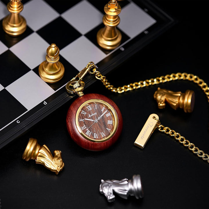 TREEWETO Unisex Holz Taschenuhr mit Kette Analog Quarz Römische Ziffern