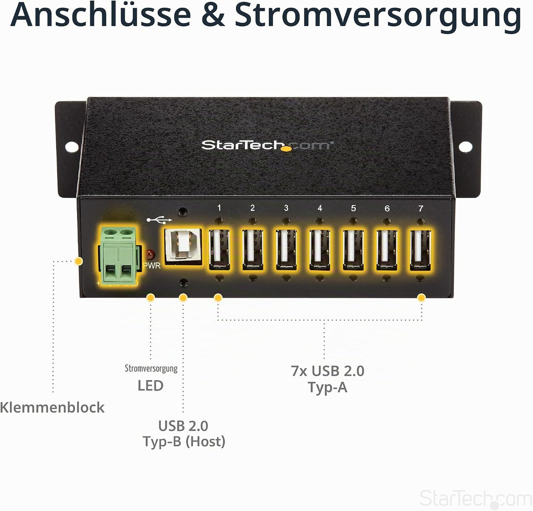 StarTech.com 7 Port USB 2.0 Hub - Industrieller USB-A Hub aus Metall mit ESD und 350W Überspannungss