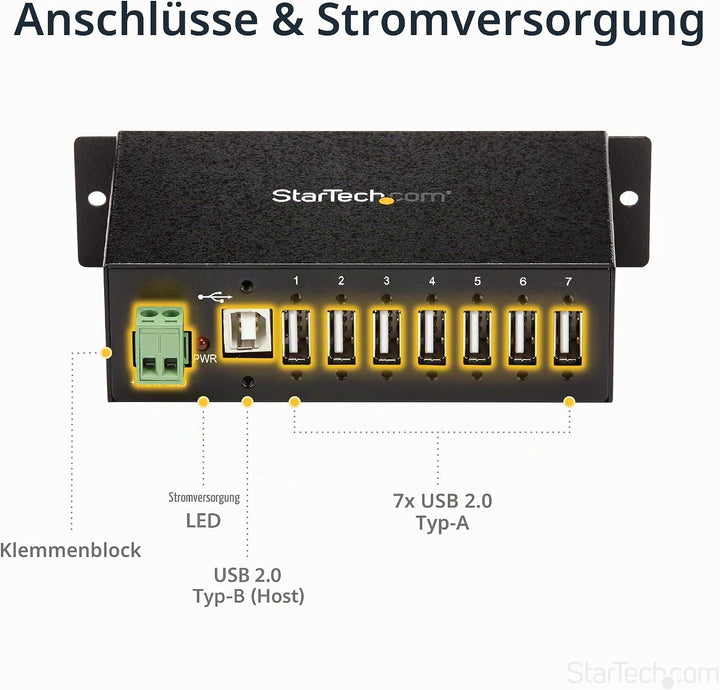 StarTech.com 7 Port USB 2.0 Hub - Industrieller USB-A Hub aus Metall mit ESD und 350W Überspannungss