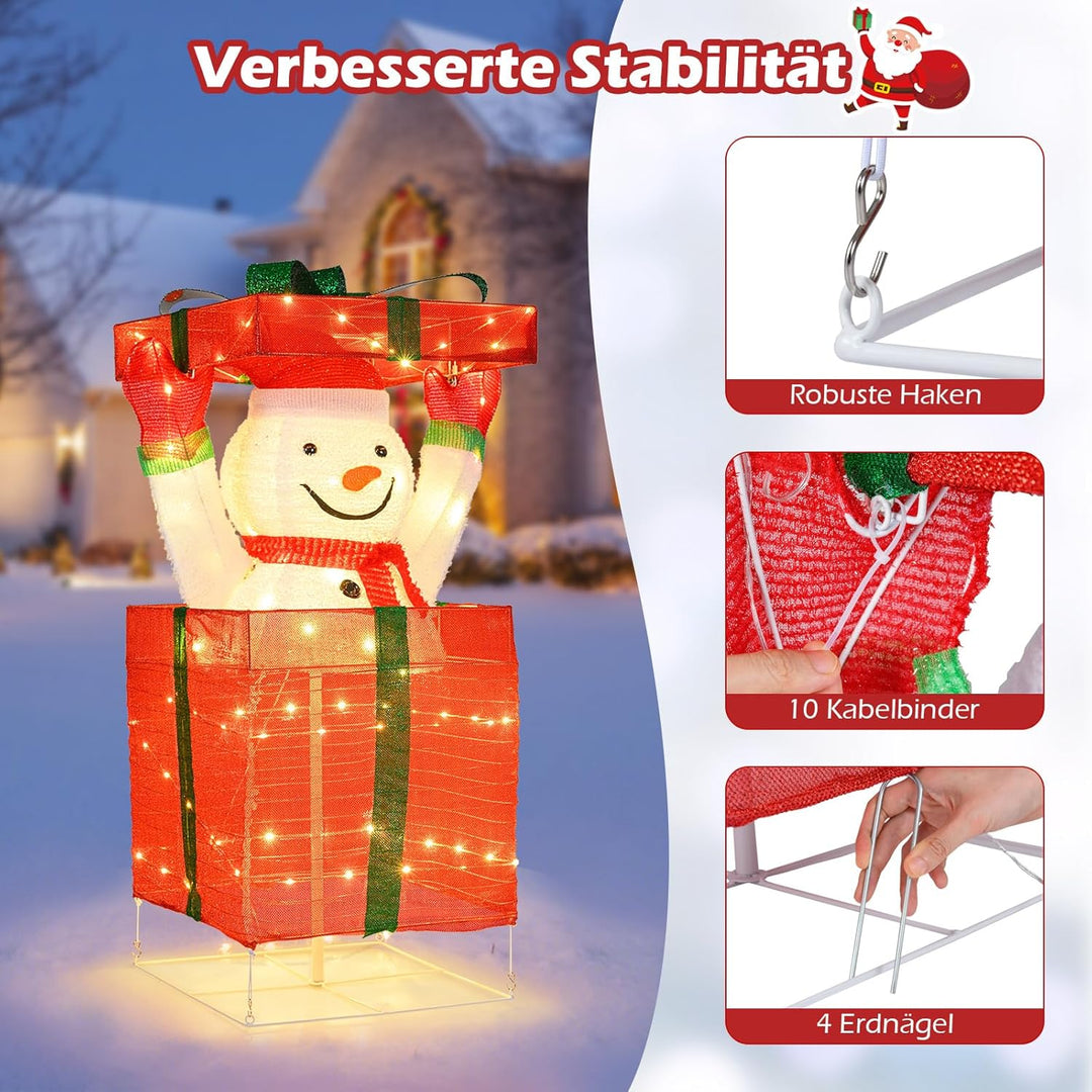 COSTWAY LED Schneemann in Geschenkbox, 115 cm beleuchtete Weihnachtsdeko mit 100 warmweissen LED-Lic