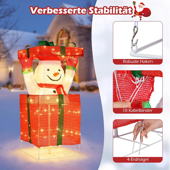 COSTWAY LED Schneemann in Geschenkbox, 115 cm beleuchtete Weihnachtsdeko mit 100 warmweissen LED-Lic