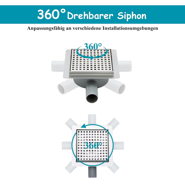 150 x 150 mm Bodenablauf Dusche Edelstahl Duschrinne mit 360° Siphon, Geruchsverschluss, Haarsieb un