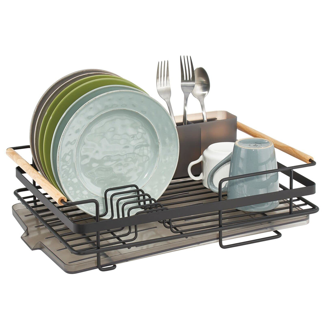mDesign Abtropfgestell aus Metall mit Holzgriffen – Geschirrabtropfgitter mit Besteckfach und Auffan