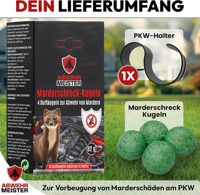 ABWEHR MEISTER NEUHEIT- 4X Marderschreck-Kugeln inkl. PKW- Halterung, Marderschreck Auto mit Sofort