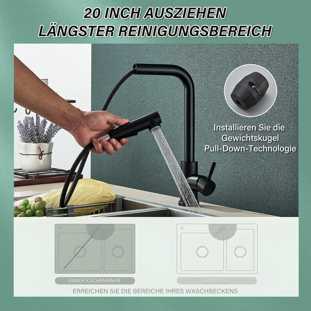 Wasserhahn Küche Schwarz Küchenarmatur Mischbatterie mit Brause Ausziehbar Hochdruck 360° Schwenkbar