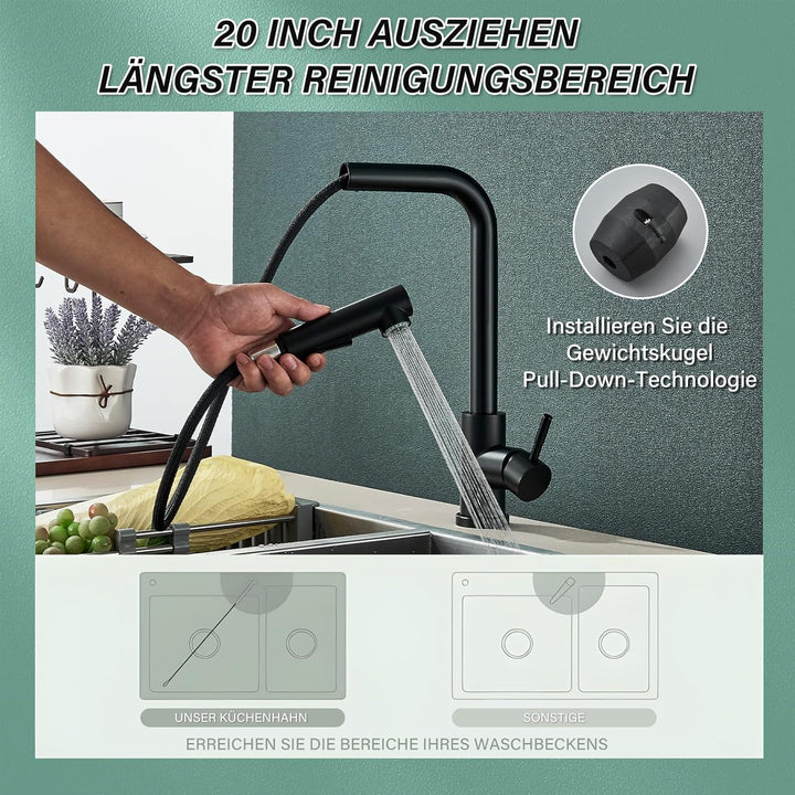 Wasserhahn Küche Schwarz Küchenarmatur Mischbatterie mit Brause Ausziehbar Hochdruck 360° Schwenkbar