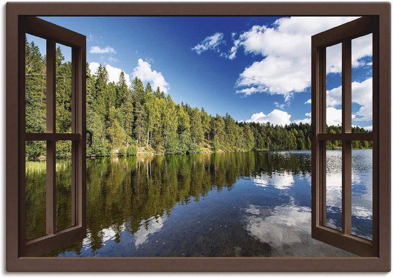 ARTland Leinwandbilder Wandbild Bild Leinwand 100x70 cm Fensterblick Wald See Landschaft Norwegen Na