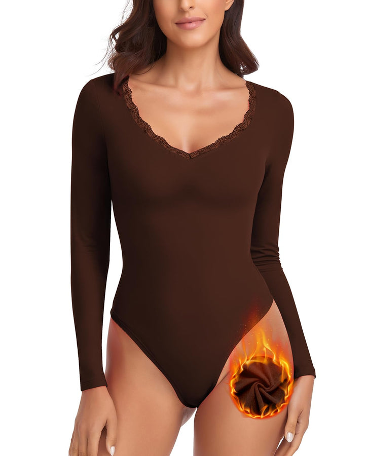WOWENY Thermo Body Damen Langarm Elegant Langarmbody mit Spitze V-Ausschnitt Fleece Bodysuit Warm Be