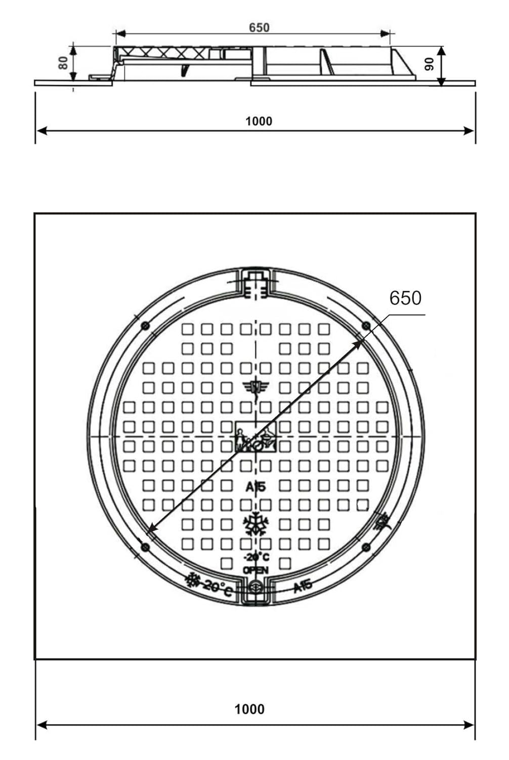 Varile 1000mm XL Quadratische Schachtabdeckung aus Kunststoff DN600 - DN1200, Schachtdeckel (100x100