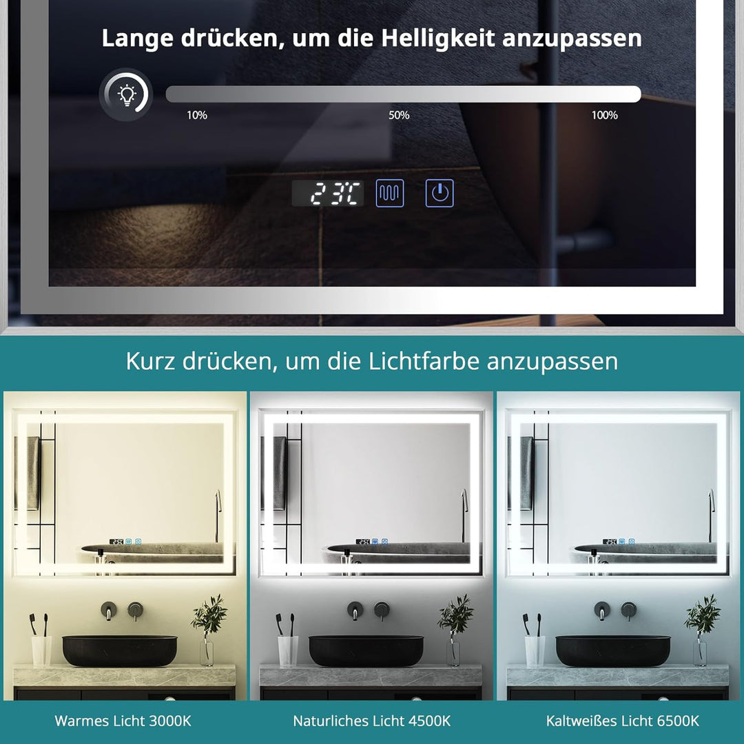 YU YUSING Badspiegel mit Beleuchtung 80x60cm Badezimmerspiegel mit Beschlagfrei 3 Lichtfarbe Dimmbar