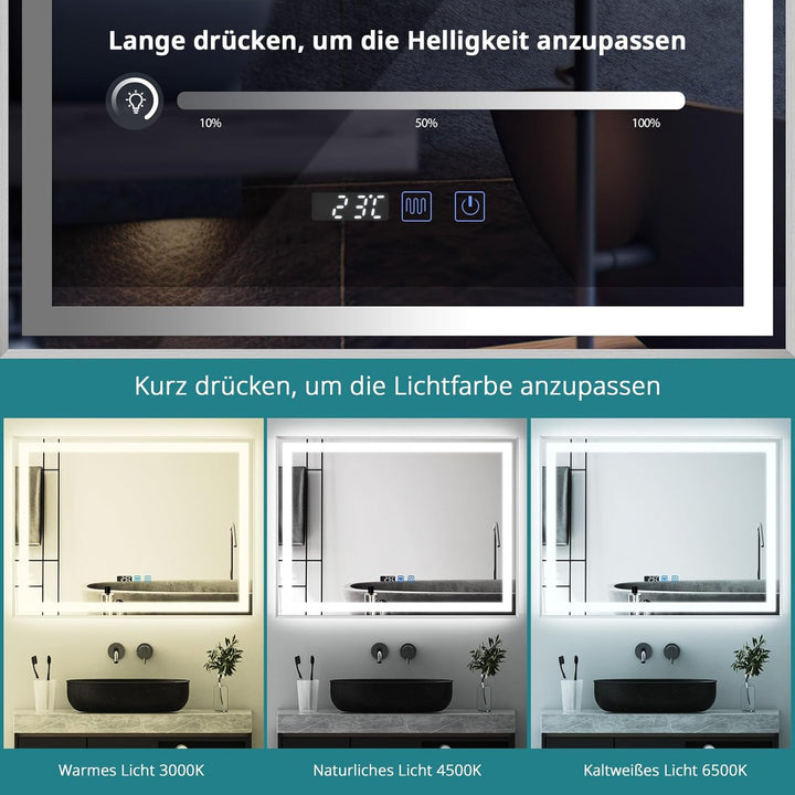 YU YUSING Badspiegel mit Beleuchtung 80x60cm Badezimmerspiegel mit Beschlagfrei 3 Lichtfarbe Dimmbar
