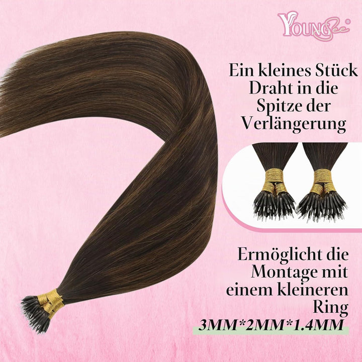 YoungSee Nanoring Extensions Echthaar Ombre Nano Extensions Echthaar Dunkelbraun Balayage Mittelbrau