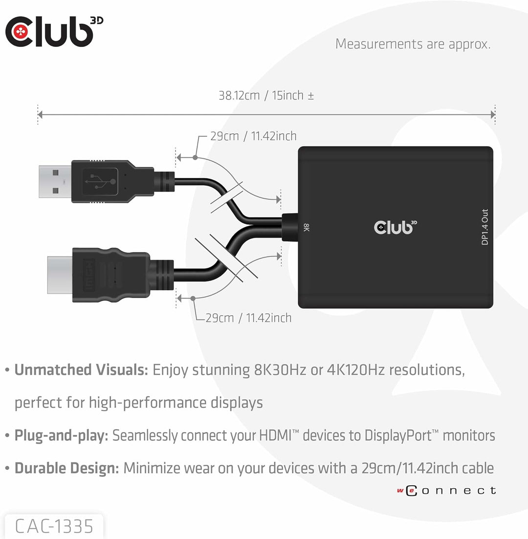 Club 3D CAC-1335 HDMI+ Micro USB auf DisplayPort 4K120Hz oder 8K30Hz St/B Aktiver Adapter, CAC-1335