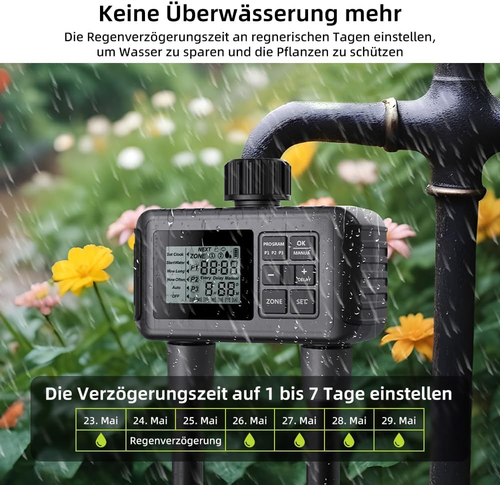 Uzoli SGW07 Bewässerungscomputer mit 2 Ausgänge, Regenverzögerung, IP55 Wasserdicht, Einfache Progra