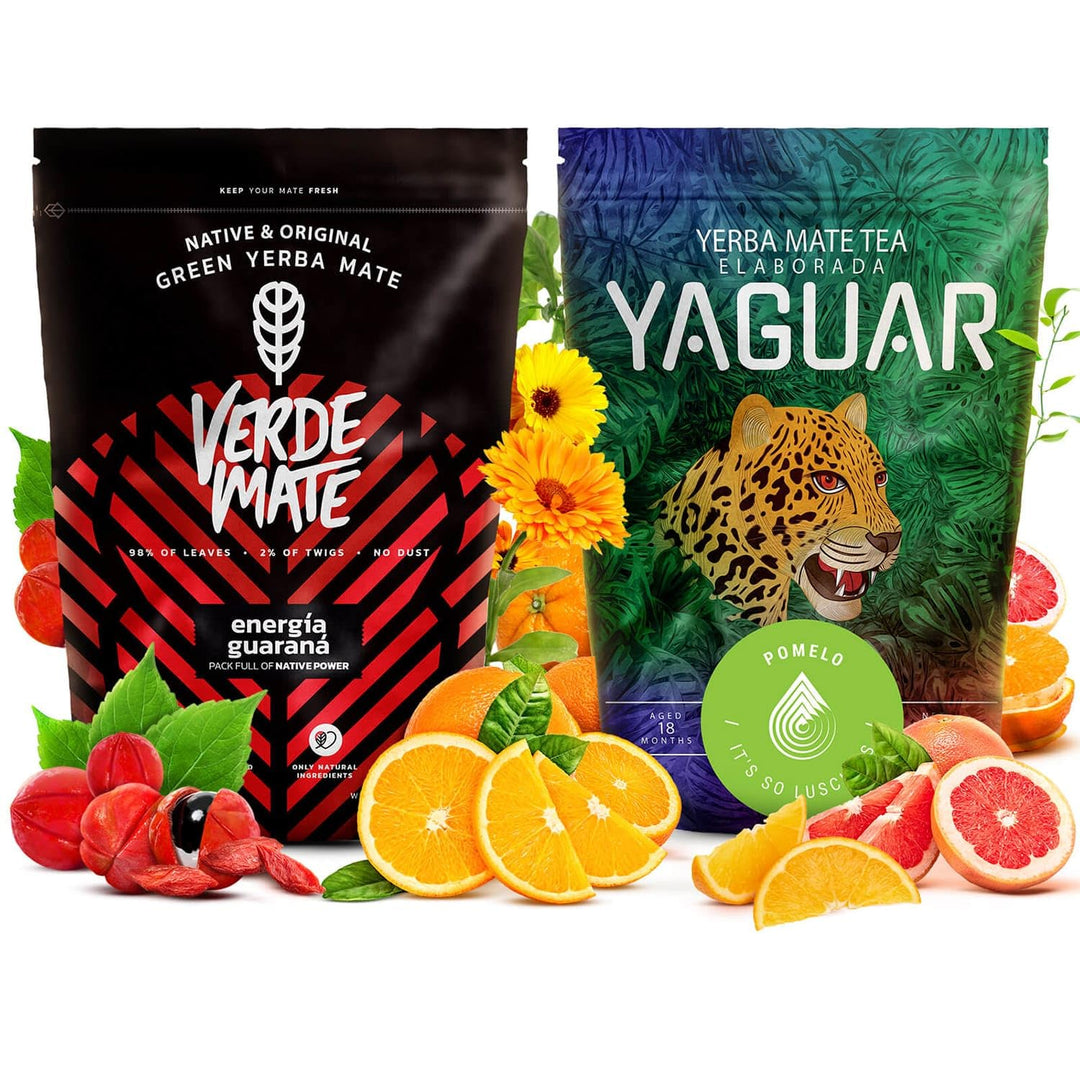 Verde Mate und Yaguar Mate Tee Set 1kg - Yerba Mate Guarana aus Brasilien - 5mm Blätter, Luftgetrock