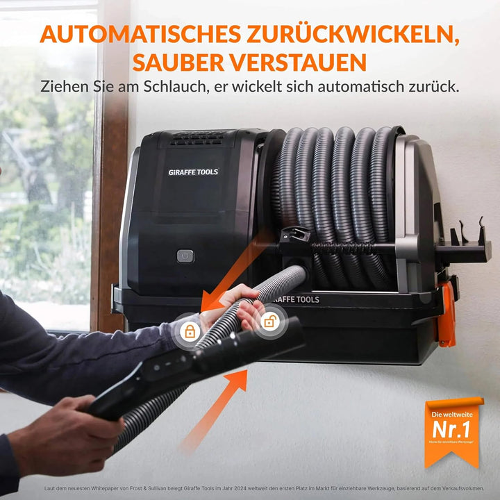 Giraffe Tools Grandstorm Einziehbarer Staubsauger mit 10 m langem, knickfestem Schlauch, wandmontier