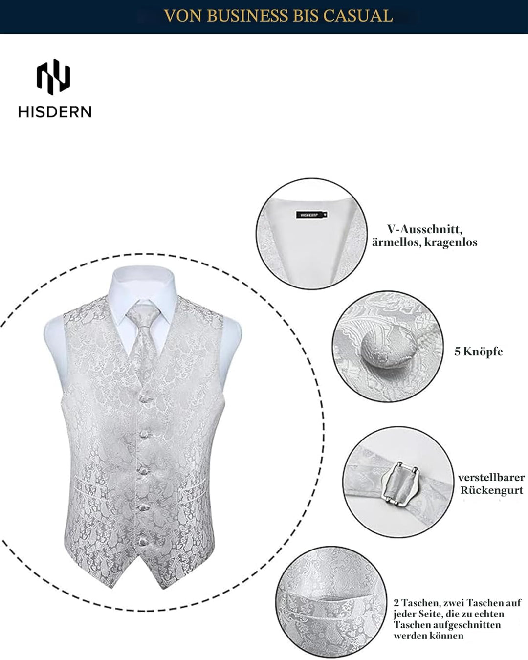 HISDERN Herren Weste Paisley Floral Jacquard Krawatte Einstecktuch Taschentuch Weste Anzug Set XXL W