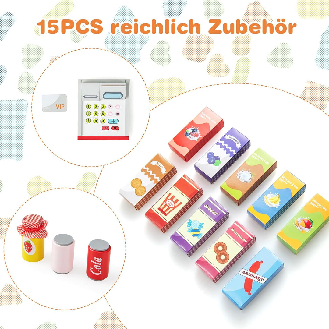 COSTWAY Kinder Kaufladen, Kaufmannsladen aus Holz mit Seitentheke, Supermarkt-Set mit Kasse, POS-Mas