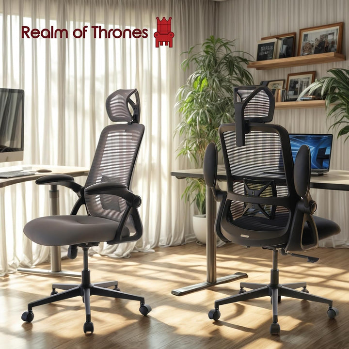 Realm of Thrones Captain Ergonomischer Bürostuhl für Zuhause, Robuste Stahlbasis, Klappbare Armlehne