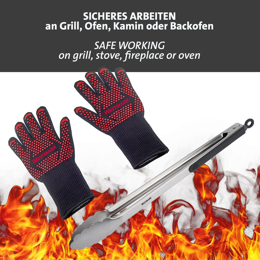 Westmark Grill-Set Feuerfeste Grillhandschuhe + 1 Grillzange – Ideal für sicheres Arbeiten am Grill,