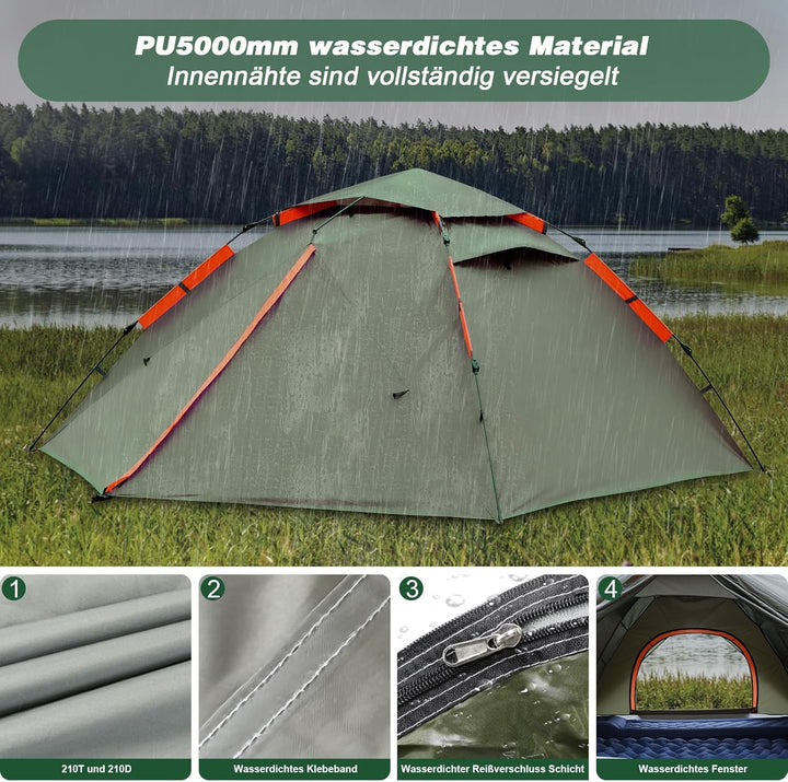 Pop Up Zelt, Camping Zelt Automatisches 2-4 Mann Personen Kuppelzelt 4 Jahreszeiten Wasserdicht Wind