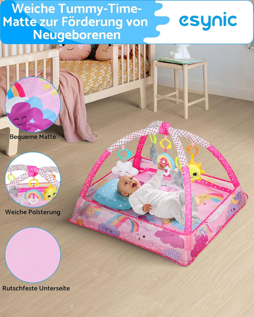 eSynic Babygym Spieldecke Krabbeldecke mit Spielbogen & Netz 7-in-1 Baby Play Mat für Bauchzeit mit
