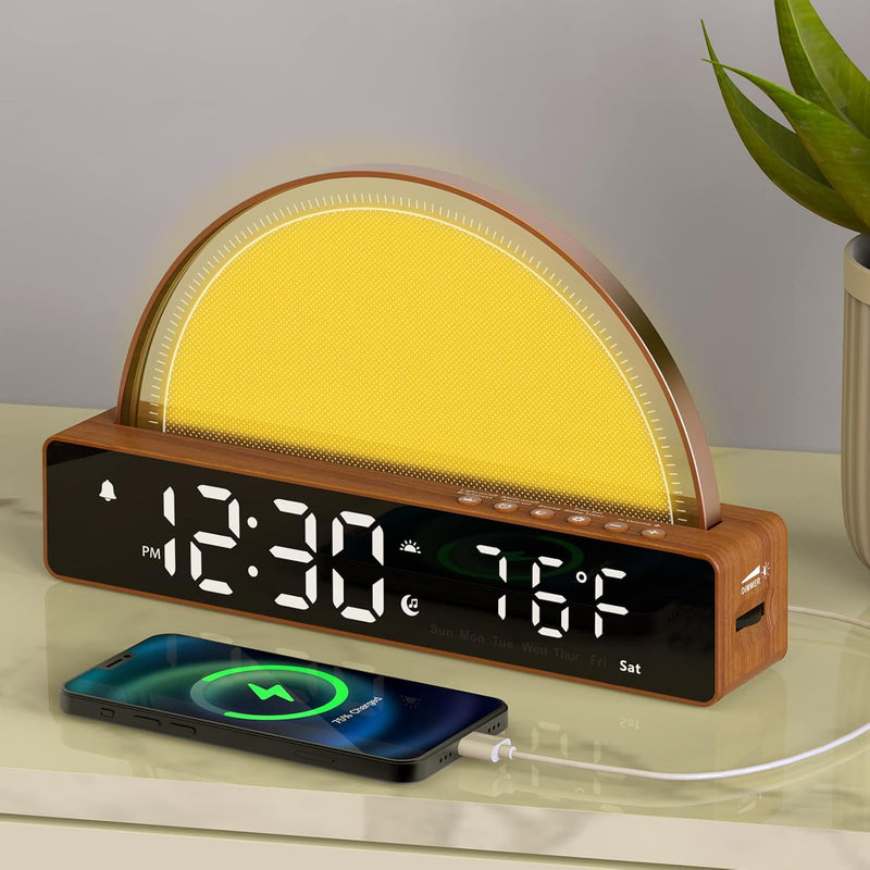 APUZOM Lichtwecker Wake Up Light, Lauter Wecker für Tiefschläfer, digital Tischuhr Nachtlicht mit Ha
