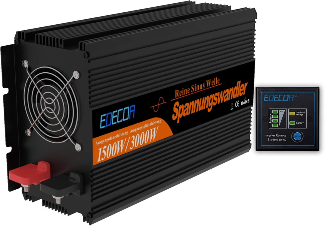 EDECOA Wechselrichter 12v 230v Reiner Sinus 1500w Spannungswandler mit Fernbedienung 1500w Pro, 1500