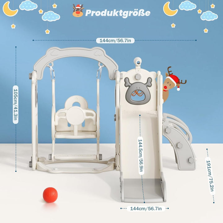 Krovtoy 6-in-1-Kleinkindrutsche, Kleinkindrutsche mit Weihnachtselchmotiv und Schaukelset, Babyrutsc
