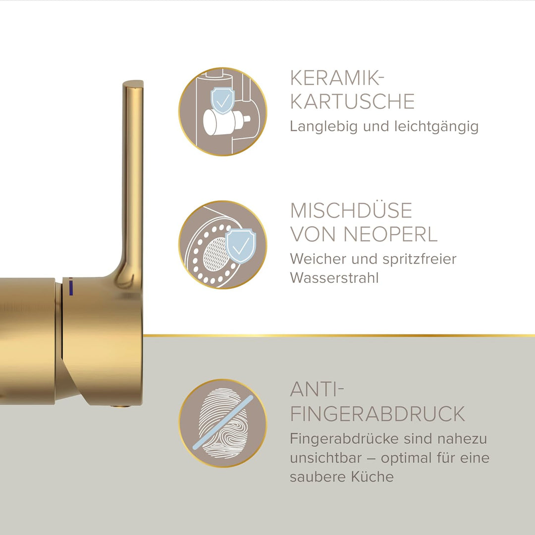 Lenz Küchenarmatur ALUNA in Gold - flexible Geschirrbrause mit 2 Strahlarten - Anti-Fingerabdruck Ob